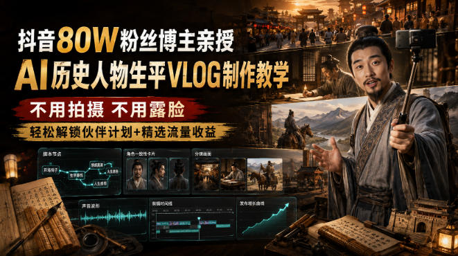 抖音80W粉丝博主的AI历史人物生平VLOG教学，不用拍摄不用露脸，AI帮你搞定，轻松解锁伙伴计划+精选收益-网创之家