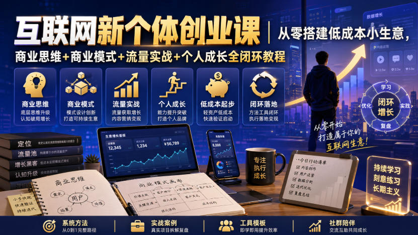 互联网新个体创业课｜从零搭建低成本小生意，商业思维+商业模式+流量实战+个人成长全闭环教程-网创之家