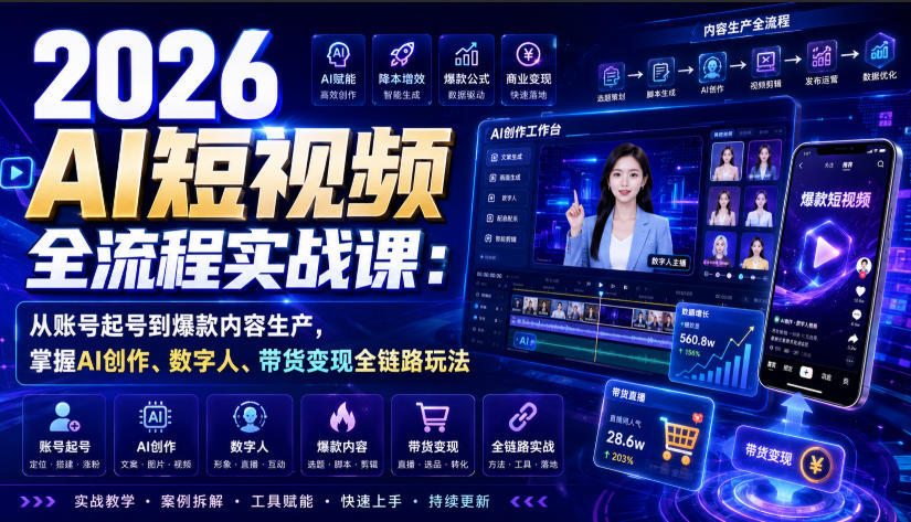 2026 AI短视频全流程实战课:从账号起号到爆款内容生产,掌握AI创作、数字人、带货变现全链路玩法-网创之家