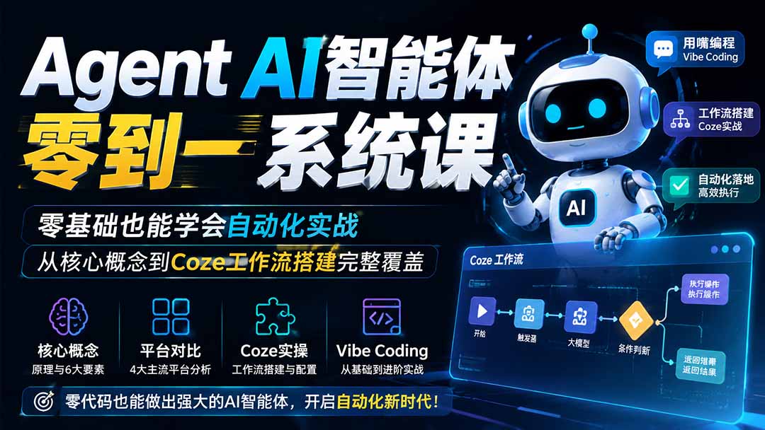 Agent AI智能体零到一系统课；零基础也能学会自动化实战，从核心概念到Coze工作流搭建完整覆盖-网创之家