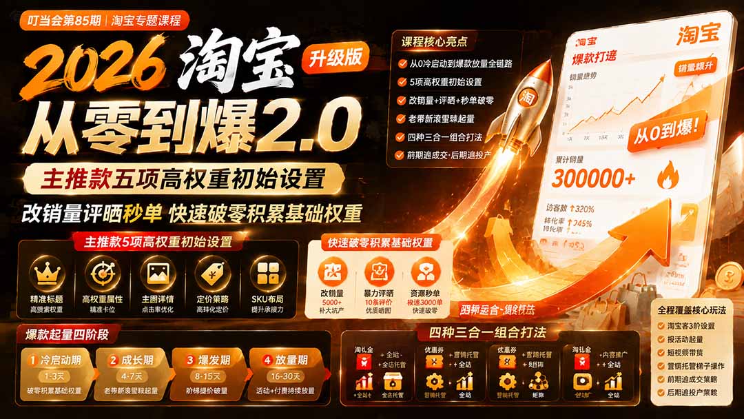 2026淘宝从零到爆2.0第85期；主推款五项高权重初始设置，改销量评晒秒单快速破零积累基础权重-网创之家