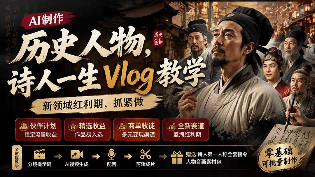 历史人物，诗人一生Vlog教学， AI制作丨伙伴计划丨精选收益丨商单收徒 ，新领域红利期，抓紧做-网创之家