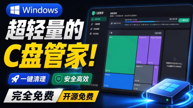 Windows超轻量的C盘管家！超级有特点，支持磁盘分析及清理提醒，2M大小体积，完全免费C盘管家-网创之家