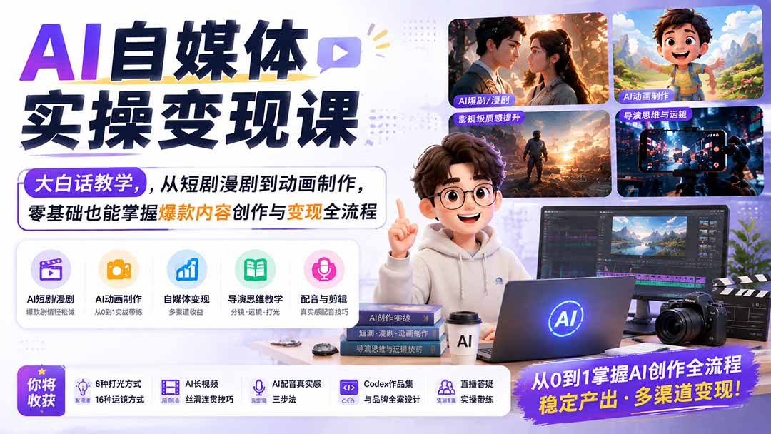 AI自媒体实操变现课｜大白话教学，从短剧漫剧到动画制作，零基础也能掌握爆款内容创作与变现全流程-网创之家