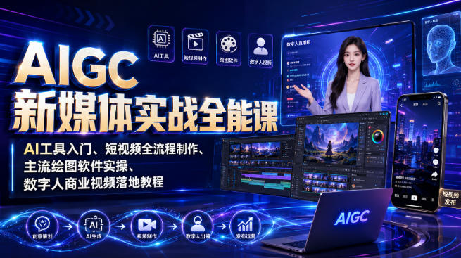 AIGC新媒体实战全能课｜AI工具入门、短视频全流程制作、主流绘图软件实操、数字人商业视频落地教程-网创之家