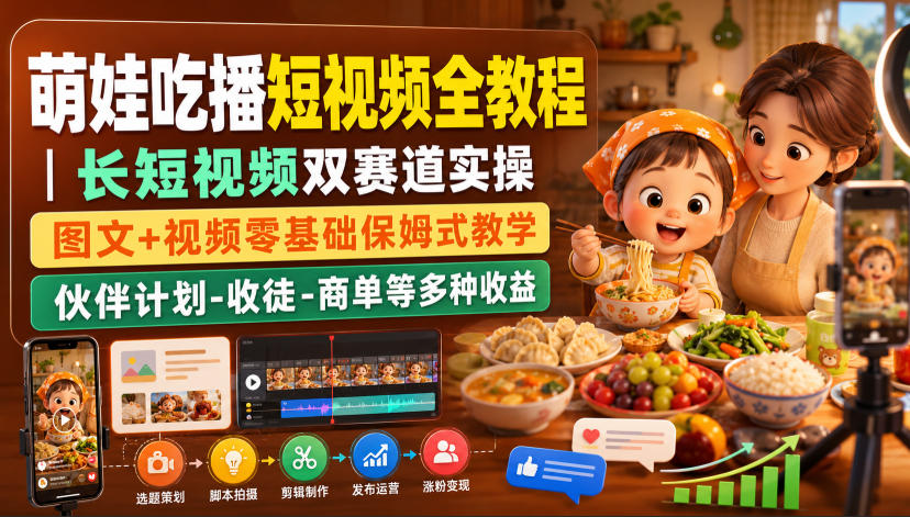 萌娃吃播短视频全教程｜长短视频双赛道实操，图文+视频零基础保姆式教学，伙伴计划-收徒-商单等多种变现方式-网创之家