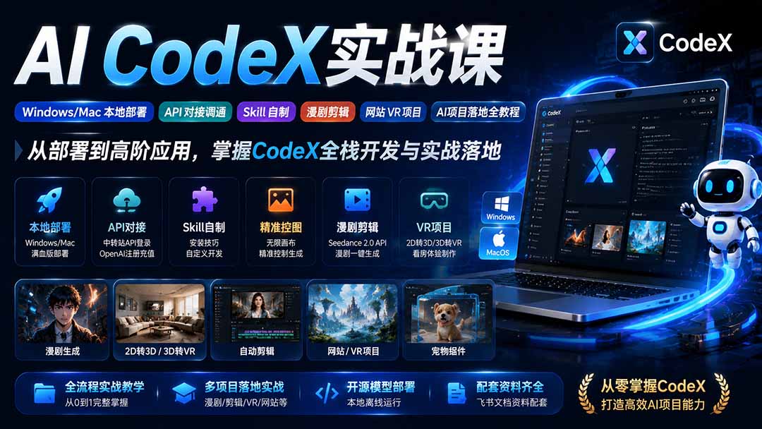 AI  CodeX实战课｜Windows/Mac 本地部署｜API 对接调通｜Skill 自制｜漫剧剪辑｜网站 VR 项目｜AI项目落地全教程-网创之家