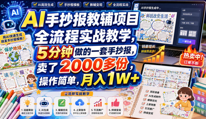 AI手抄报教辅项目全流程实战教学，5分钟做的一套手抄报，卖了2000多份，操作简单，月入1W+-网创之家