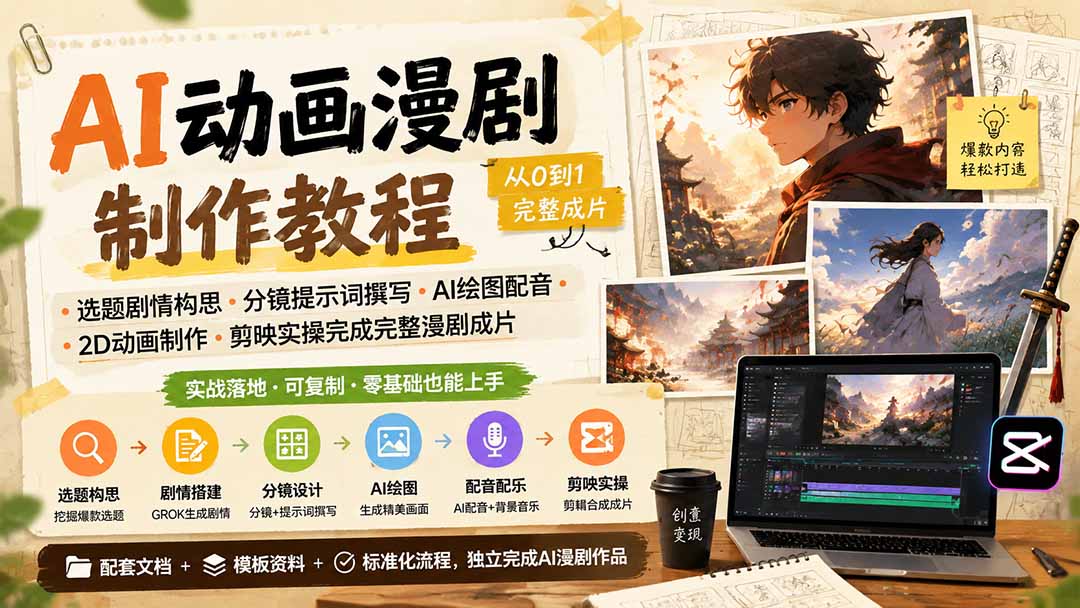 AI动画漫剧制作教程｜选题剧情构思·分镜提示词撰写·AI绘图配音·2D动画制作·剪映实操完成完整漫剧成片-网创之家