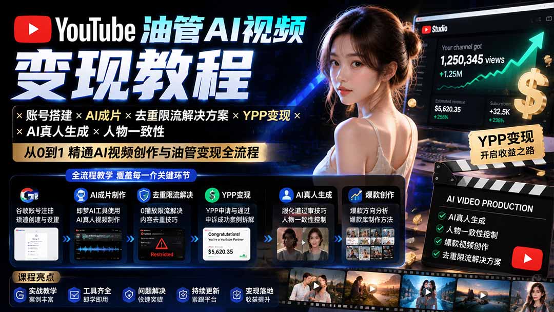 YouTube油管AI视频变现教程-更新：账号搭建×AI成片×去重限流解决方案×YPP变现×AI真人生成×人物一致性-网创之家
