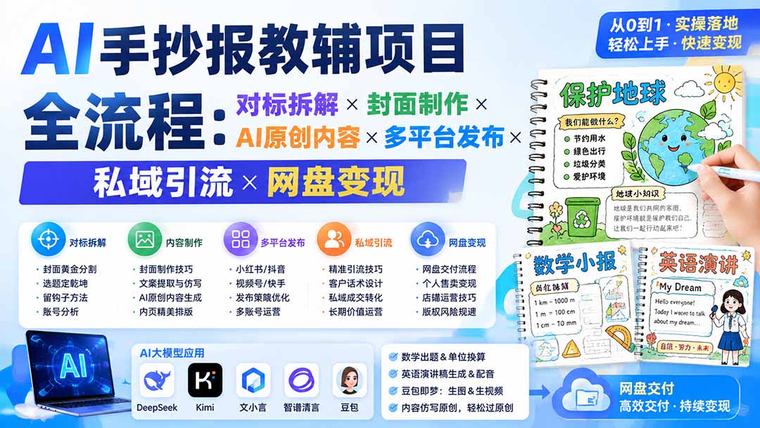 AI手抄报教辅项目全流程：对标拆解×封面制作×AI原创内容×多平台发布×私域引流×网盘变现-网创之家