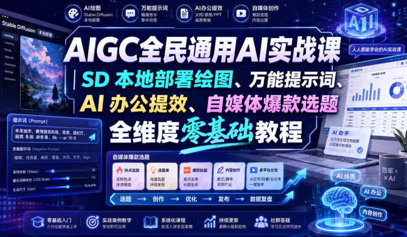 AIGC全民通用AI实战课｜SD本地部署绘图、万能提示词、AI办公提效、自媒体爆款选题全维度零基础教程-网创之家
