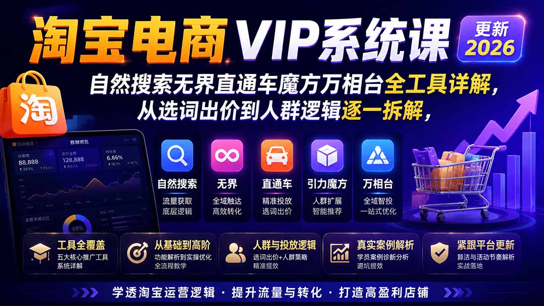 图片[1]-淘宝电商VIP系统课-更新8月；自然搜索无界直通车魔方万相台全工具详解，从选词出价到人群逻辑逐一拆解-网创之家
