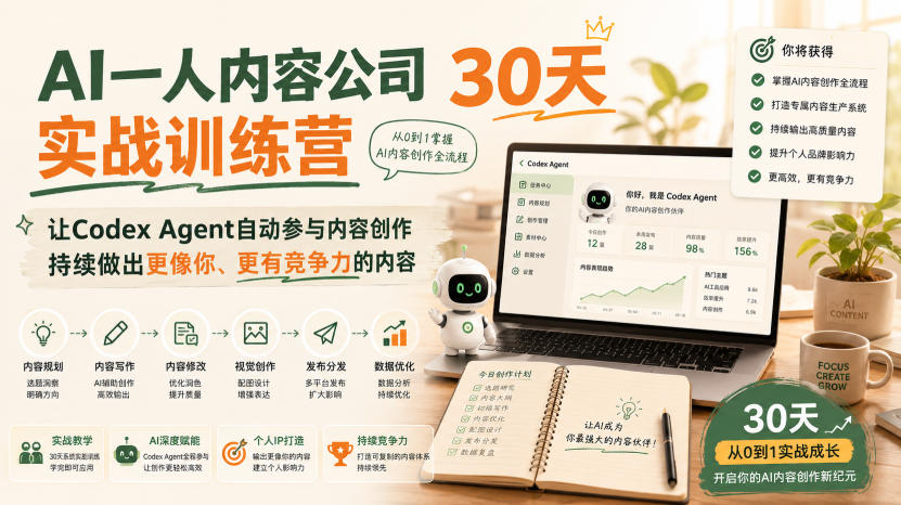AI一人内容公司30天实战训练营,让Codex Agent自动参与内容创作持续做出更像你、更有竞争力的内容-网创之家