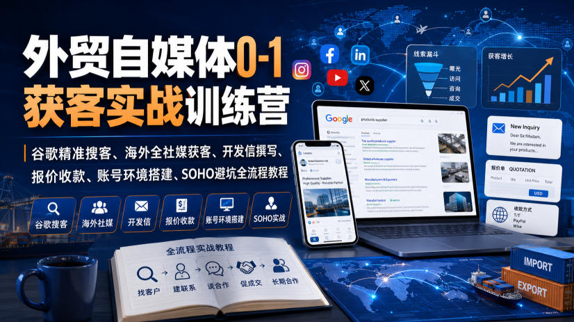 外贸自媒体0-1获客实战训练营｜谷歌精准搜客、海外全社媒获客、开发信撰写、报价收款、账号环境搭建、SOHO避坑全流程教程-网创之家