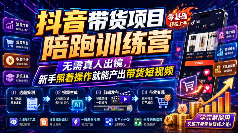 抖音带货项目陪跑训练营，无需真人出镜，新手照着操作就能产出带货短视频(更新0811)-网创之家