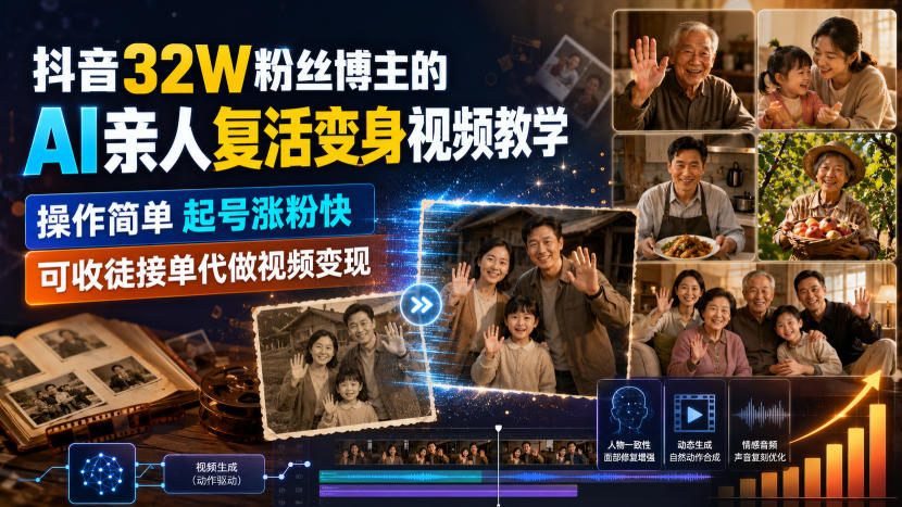 抖音32W粉丝博主的AI亲人复活变身视频教学,操作简单,起号涨粉快,可收徒接单代做视频变现-网创之家