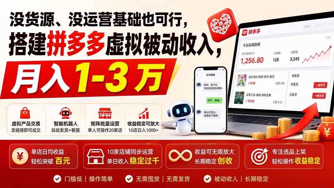 没货源、没运营基础也可行,搭建多多虚拟被动收入,月入 1-3 万-网创之家