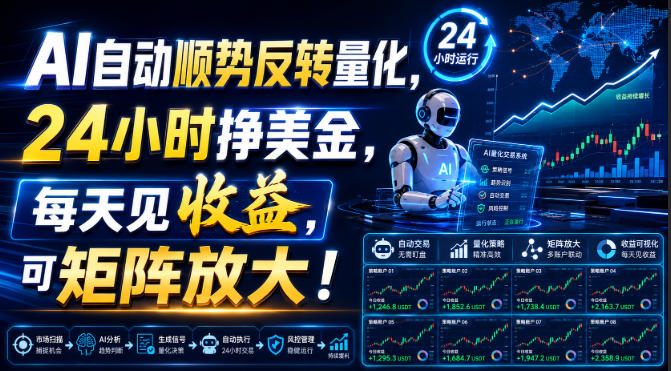 AI自动顺势反转量化,24小时挣美金,每天见收益,可矩阵放大!【揭秘】-网创之家