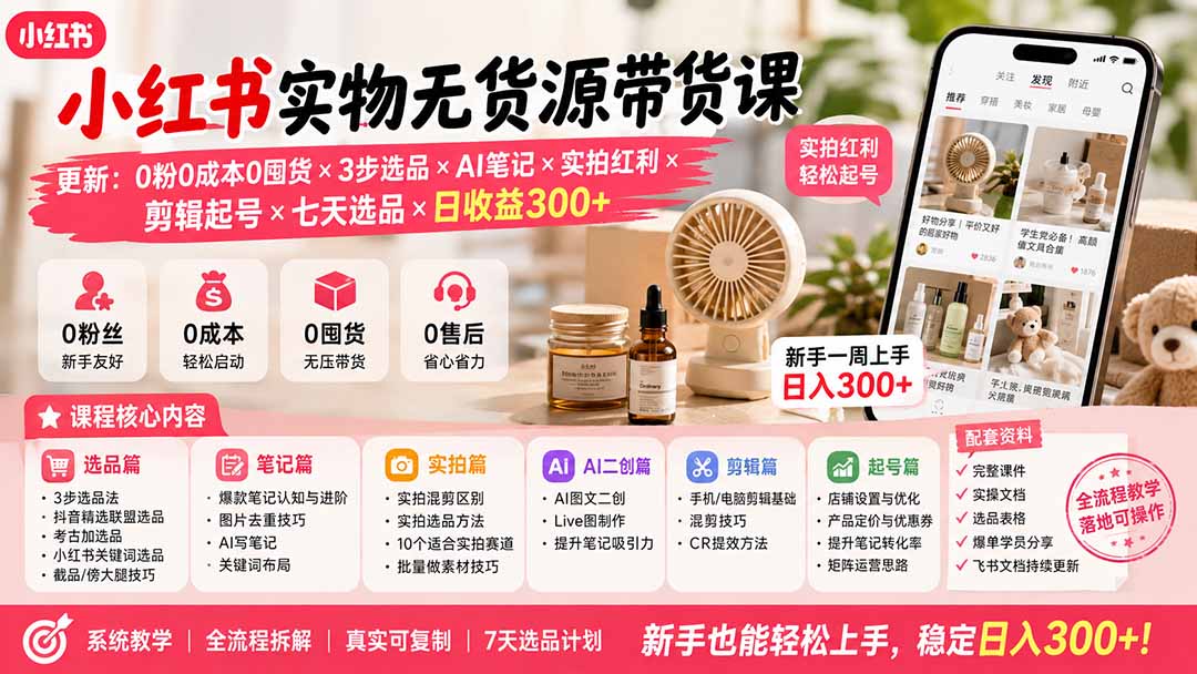 小红书实物无货源带货课-更新：0粉0成本0囤货×3步选品×AI笔记×实拍红利×剪辑起号×七天选品×日收益300+-网创之家