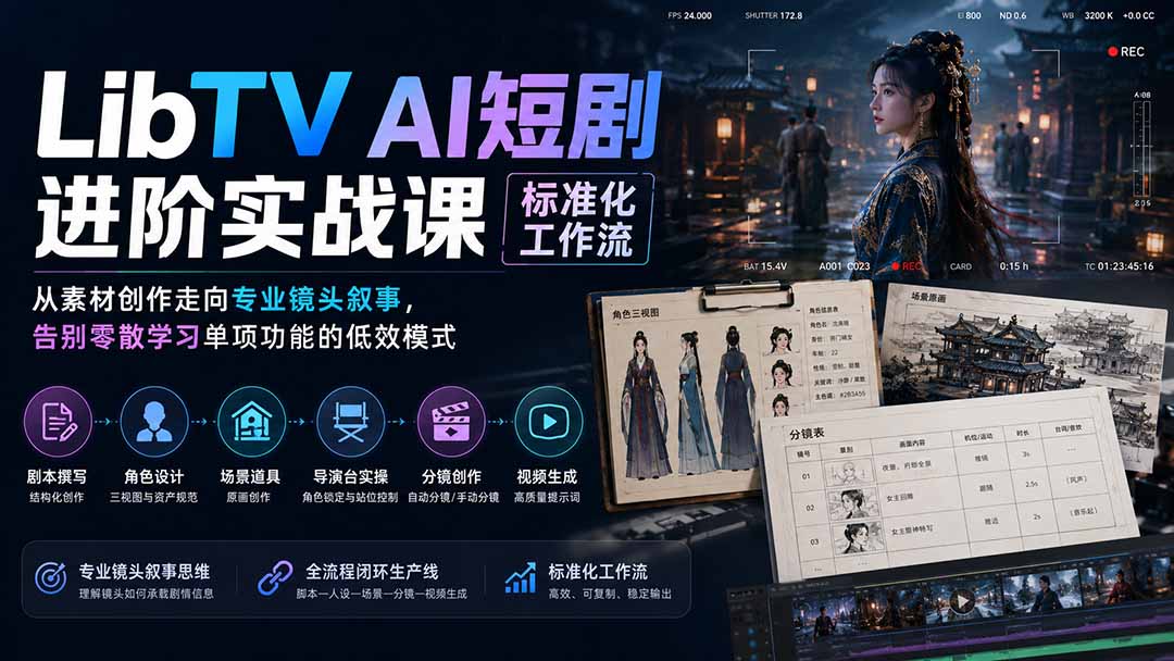 LibTV AI短剧进阶实操课标准化工作流;从素材创作走向专业镜头叙事,告别零散学习单项功能的低效模式-网创之家