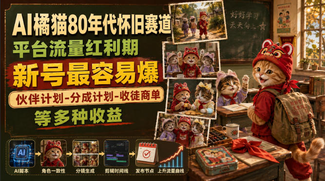 AI橘猫80年代怀旧赛道,平台流量红利期,新号最容易爆,伙伴计划-分成计划-收徒商单等多种收益-网创之家