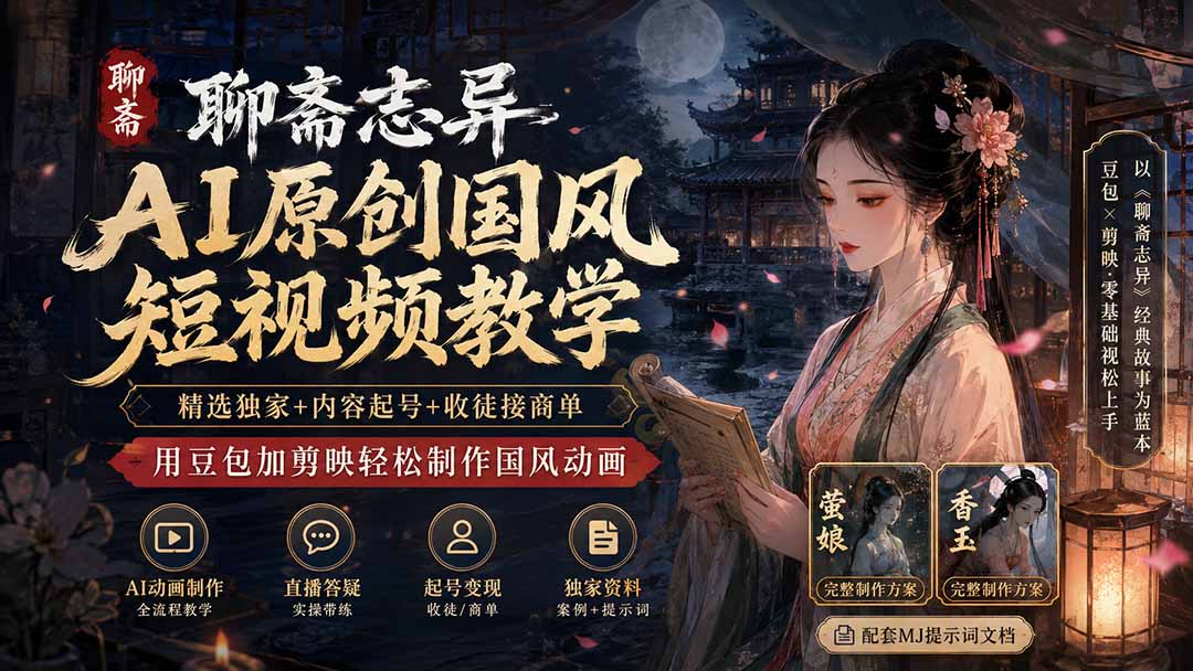 聊斋志异AI原创国风短视频教学;精选独家+内容起号+收徒接商单,用豆包加剪映轻松制作国风动画-网创之家