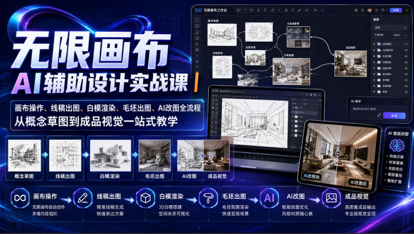 无限画布AI辅助设计实战课|画布操作、线稿出图、白模渲染、毛坯出图、AI改图全流程,从概念草图到成品视觉一站式教学-网创之家
