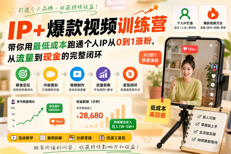 IP+爆款视频训练营,带你用最低成本跑通个人IP从0到1涨粉,从流量到现金的完整闭环-网创之家