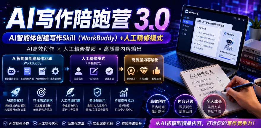 AI写作陪跑营3.0,Ai智能体创建写作skill(workbuddy)+人工手写模式(手搓模式),去除AI痕迹(头条号、公众号、百家号)(更新0814)-网创之家
