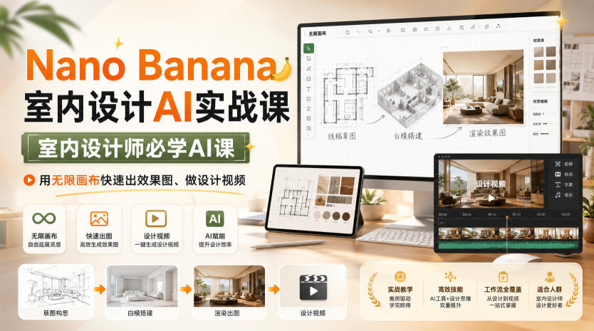 Nano Banana室内设计AI实战课,室内设计师必学AI课,用无限画布快速出效果图、做设计视频-网创之家