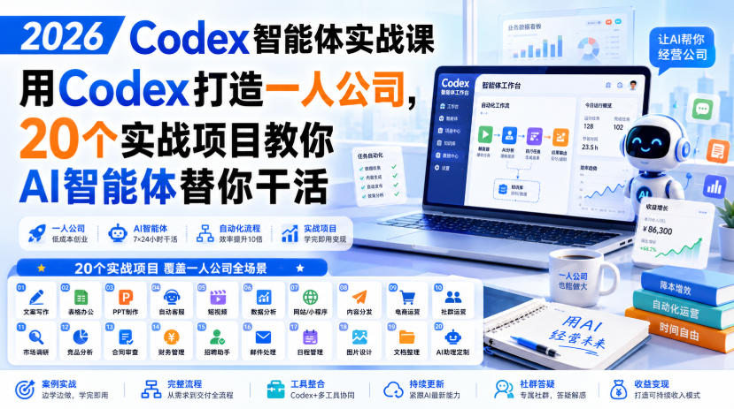 2026 Codex智能体实战课,用Codex打造一人公司,20个实战项目教你AI智能体替你干活-网创之家