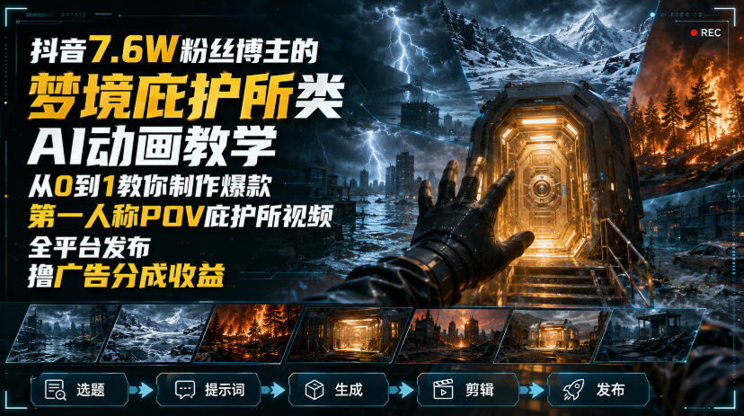 抖音7.6W粉丝博主的梦境庇护所类AI动画教学,从0到1教你制作爆款第一人称POV庇护所视频,全平台发布撸广告分成收益-网创之家