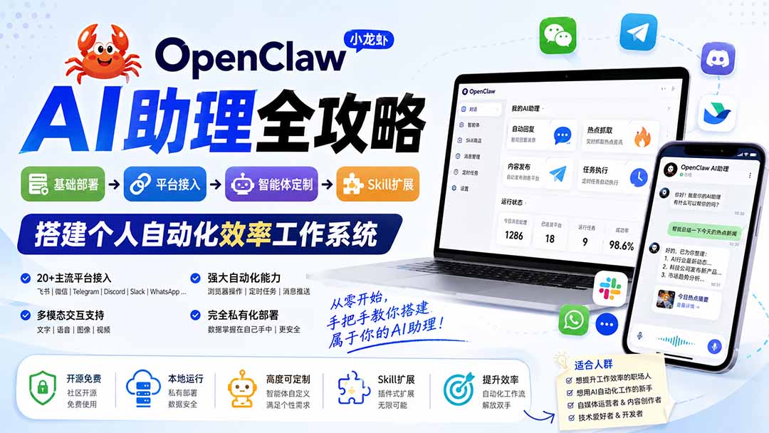 OpenClaw小龙虾 AI助理全攻略：基础部署→平台接入→智能体定制→Skill扩展，搭建个人自动化效率工作系统-网创之家