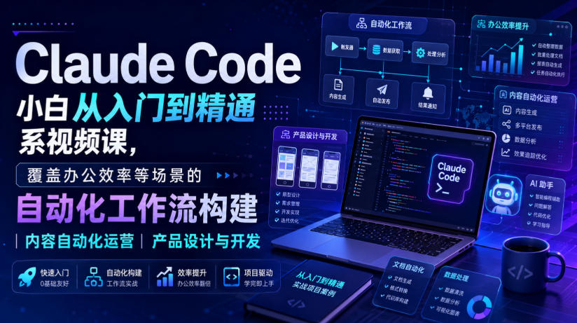Claude Code小白从入门到精通系视频课,覆盖办公效率等场景的自动化工作流构建|内容自动化运营|产品设计与开发-网创之家