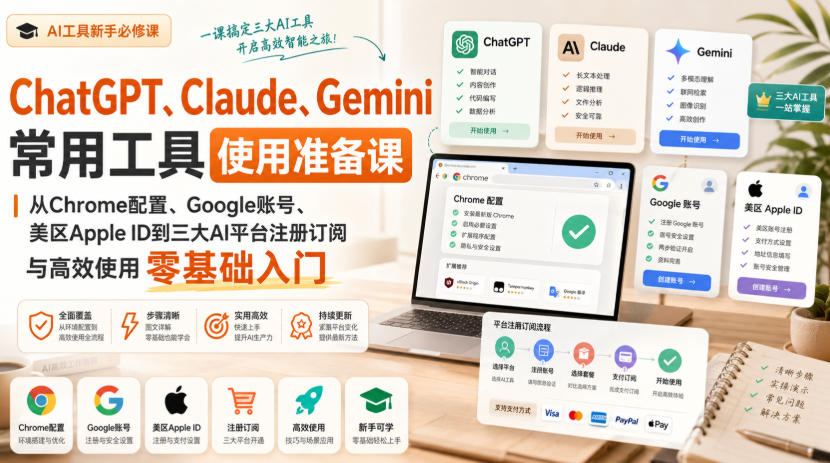 ChatGPT、Claude、Gemini常用工具使用准备课|从Chrome配置、Google账号、美区Apple ID到三大AI平台注册订阅与高效使用零基础入门-网创之家