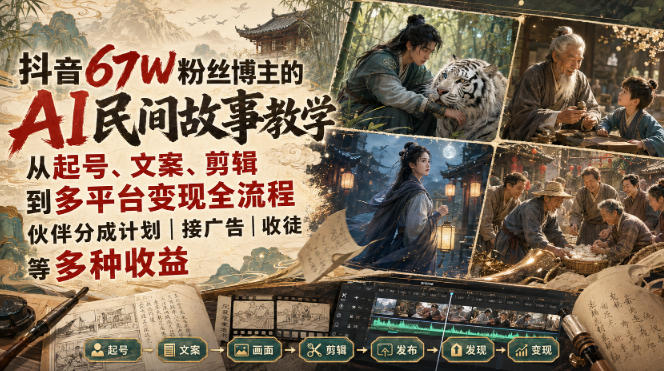 抖音67W粉丝博主的AI民间故事教学,从起号、文案、剪辑到多平台变现全流程,伙伴分成计划接广告等多种收益,月入1W+-网创之家