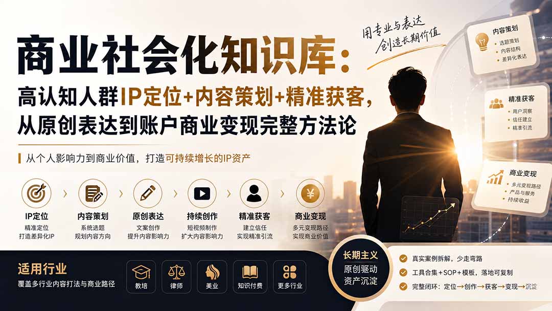商业社会化知识库:高认知人群IP定位+内容策划+精准获客,从原创表达到账户商业变现完整方法论-网创之家