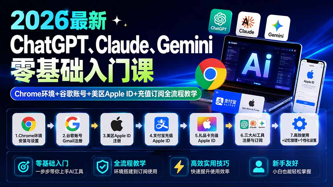 2026最新ChatGPT、Claude、Gemini零基础入门课:Chrome环境+谷歌账号+美区Apple ID+充值订阅全流程教学-网创之家