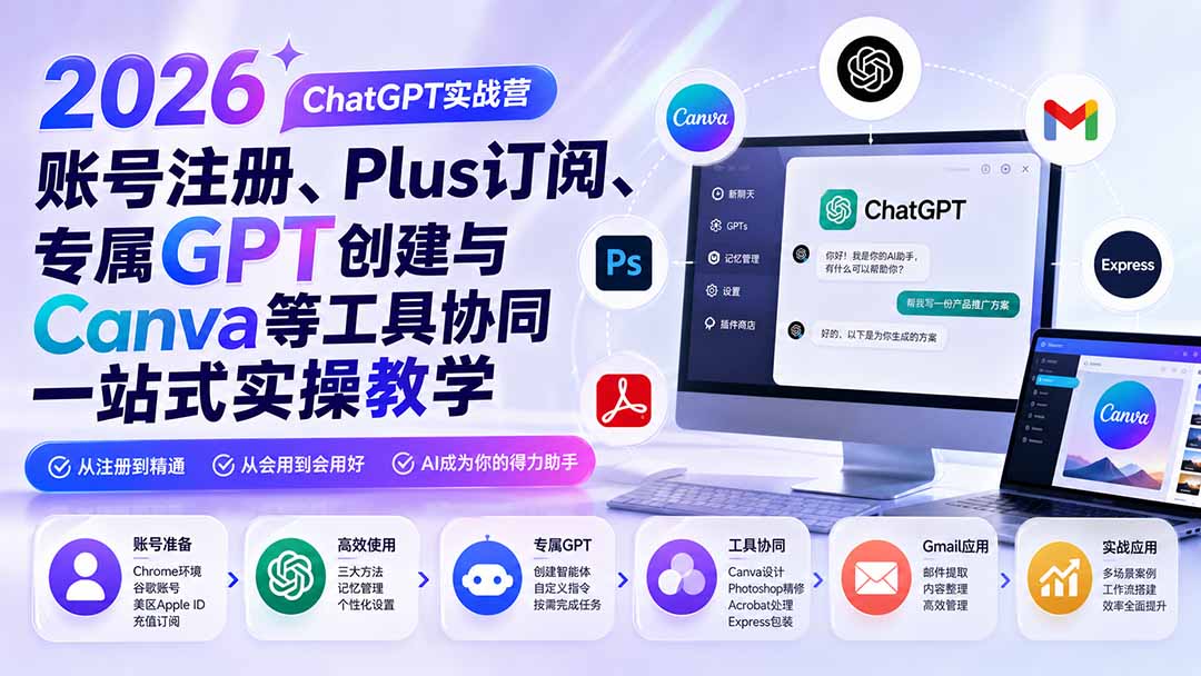 2026 ChatGPT实战营；账号注册、Plus订阅、专属GPT创建与Canva等工具协同一站式实操教学-网创之家