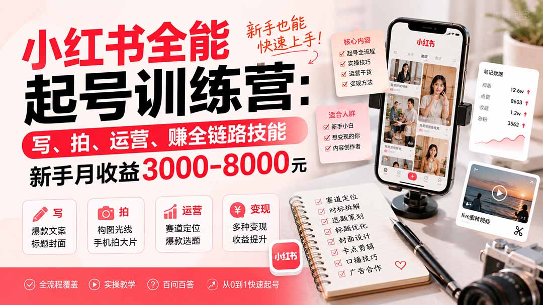小红书全能起号训练营-更新:写、拍、运营、赚全链路技能,新手月收益3000-8000元-网创之家