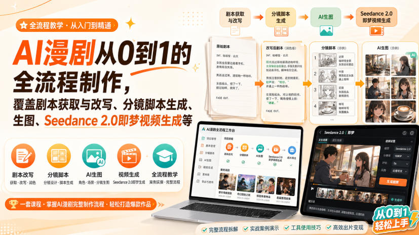 AI漫剧从0到1的全流程制作,覆盖剧本获取与改写、分镜脚本生成、角色场景生图与三视图、Seedance 2.0即梦视频生成(PDF版)-网创之家