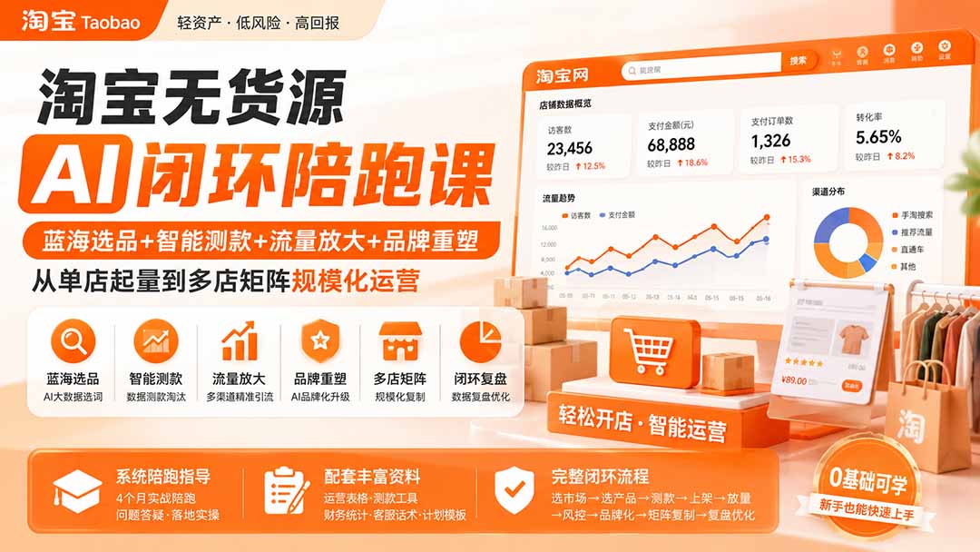 淘宝无货源AI闭环陪跑课:蓝海选品+智能测款+流量放大+品牌重塑,从单店起量到多店矩阵规模化运营-网创之家