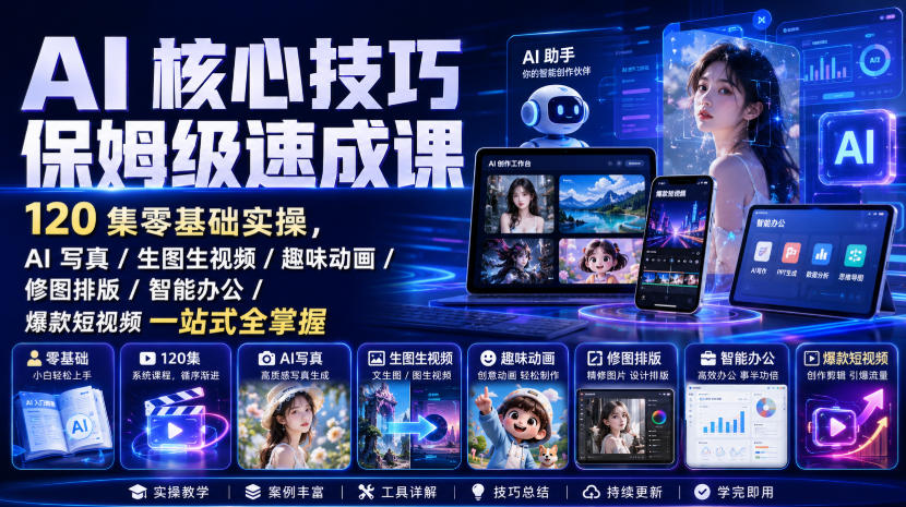 AI核心技巧保姆级速成课｜120集零基础实操，AI写真/生图生视频/趣味动画/修图排版/智能办公/爆款短视频一站式全掌握(更新)-网创之家