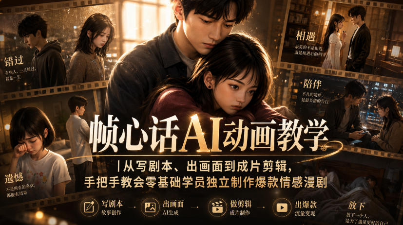 帧心话AI动画教学|从写剧本、出画面到成片剪辑,手把手教会零基础学员独立制作爆款情感漫剧-网创之家