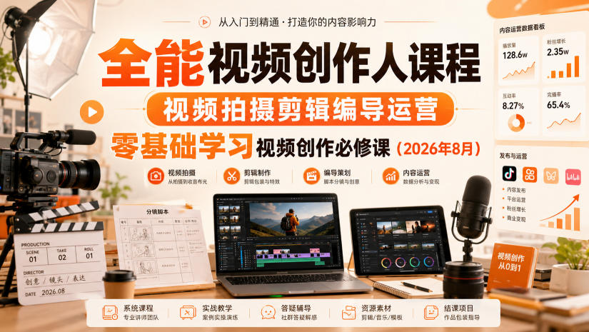 全能视频创作人课程,视频拍摄剪辑编导运营,零基础学习视频创作必修课(2026年8月)-网创之家
