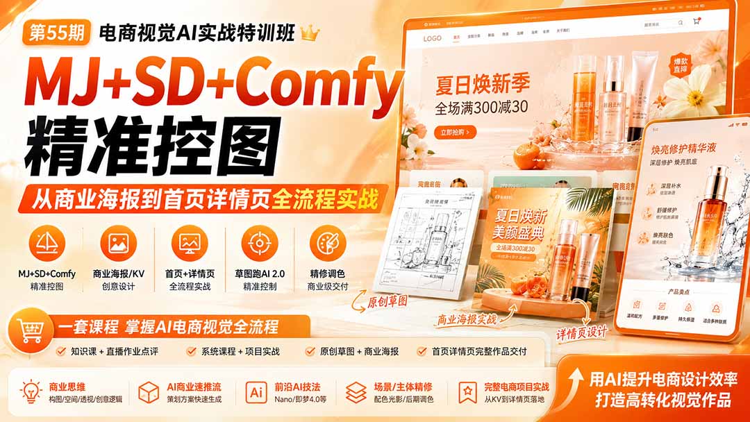 电商视觉 AI实战训练营第55期：MJ+SD+Comfy精准控图，从商业海报到首页详情页全流程实战-网创之家