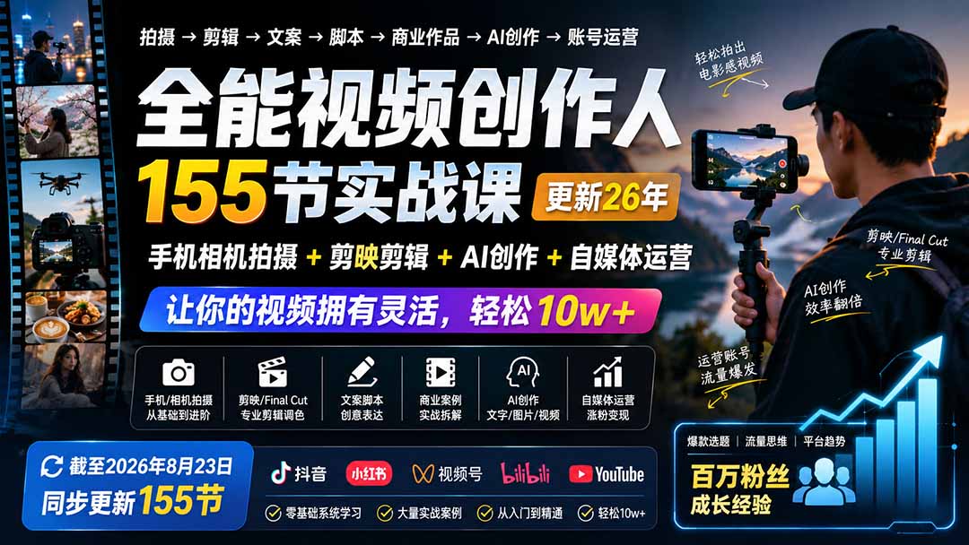 全能视频创作人155节实战课-更新26年8月:手机相机拍摄+剪映剪辑+AI创作+自媒体运营,让你的视频拥有灵活,轻松10w-网创之家