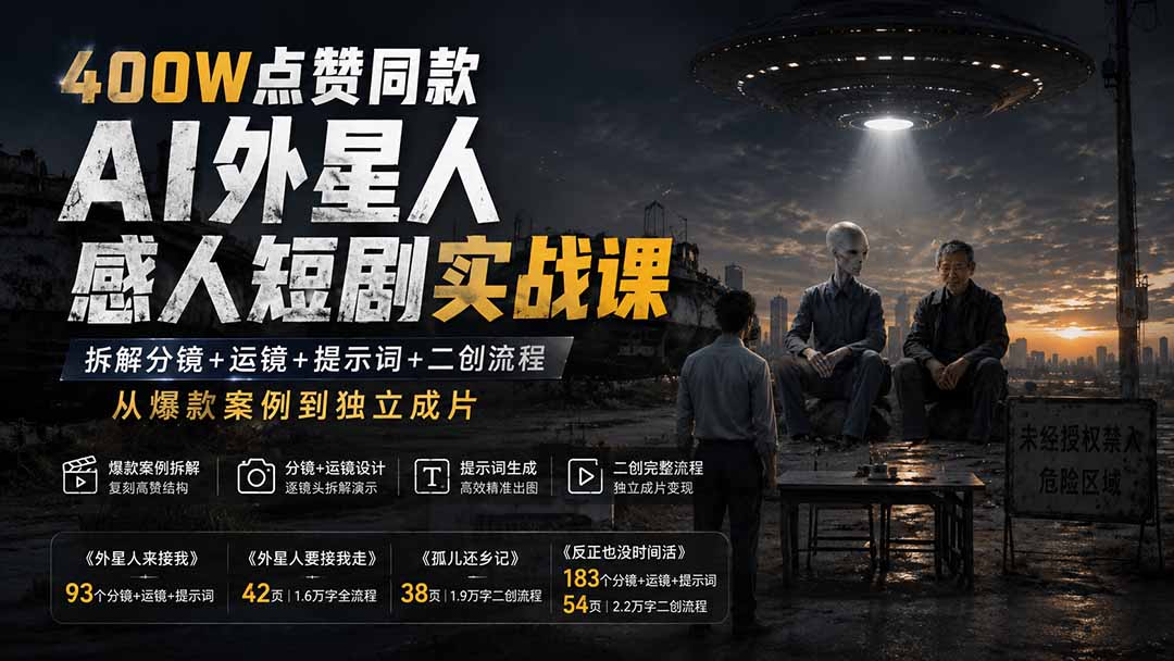 400W点赞同款AI外星人感人短剧实战课:拆解分镜+运镜+提示词+二创流程,从爆款案例到独立成片-网创之家