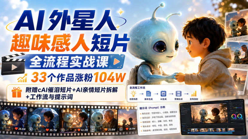 AI外星人趣味感人短片全流程实战课，33个作品涨粉104W，附赠AI催泪短片+AI亲情短片拆解+工作流与提示词-网创之家